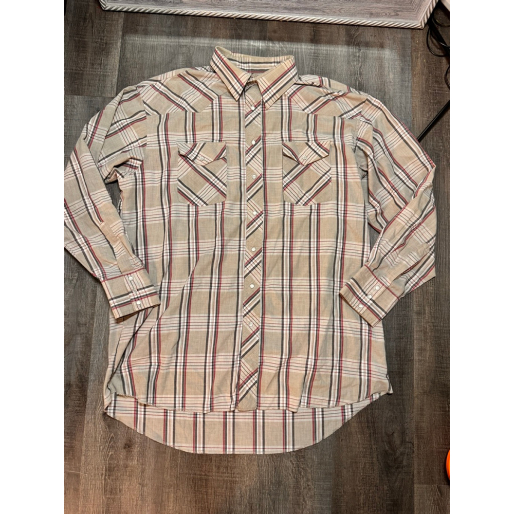 Men's Wrangler Beige Plaid Casual Button Down Shirt Neck 17.5